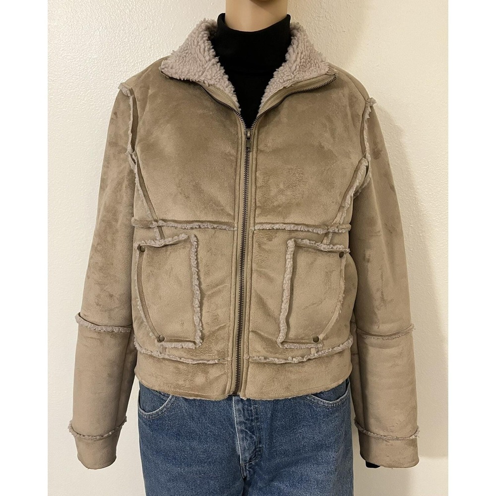 18 Fahrenheit Womens Suede Faux Leather Sherpa Lined Cropped Jacket Size M Beige